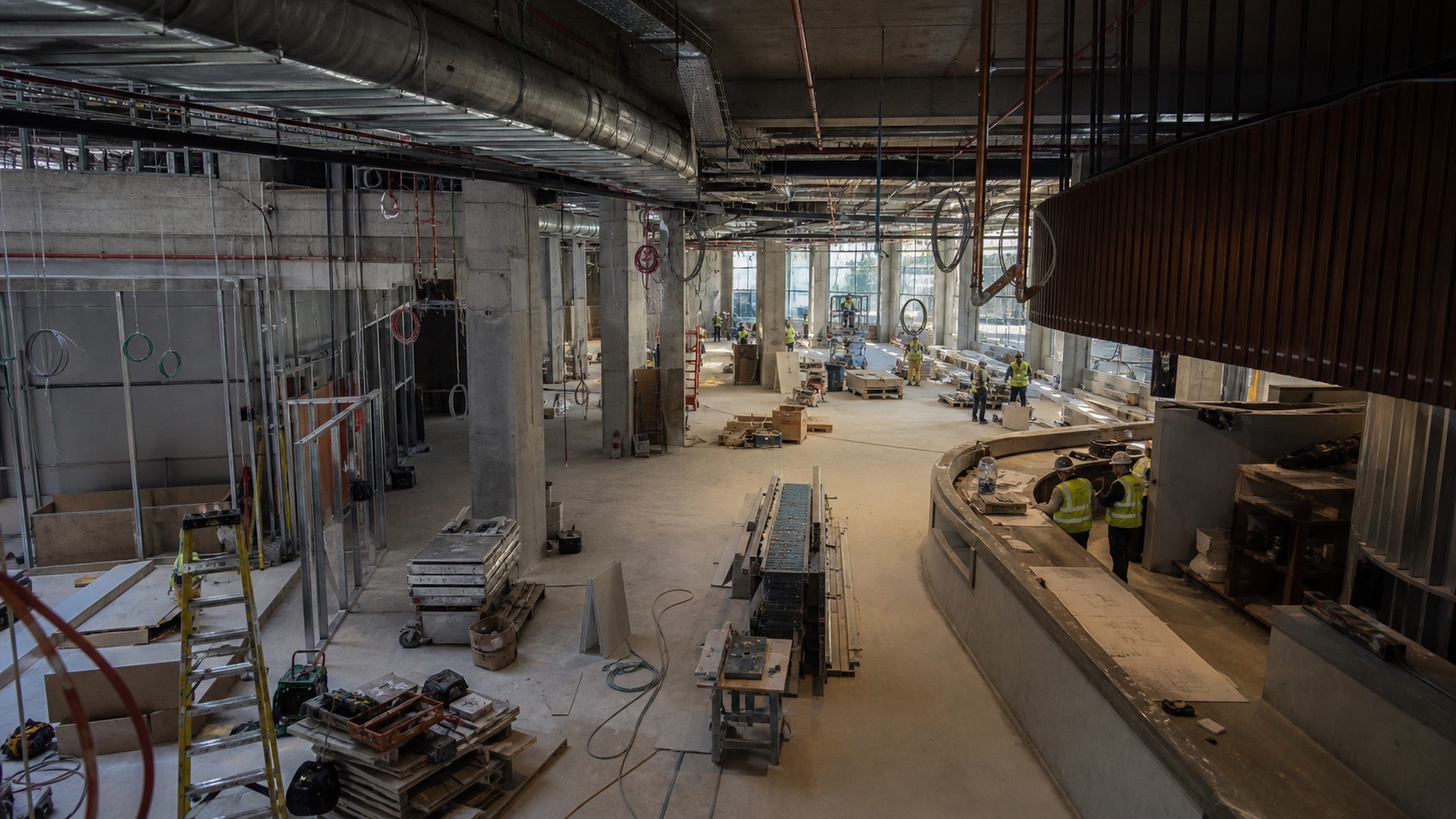 Large commercial interior with building services, partitions and construction teams