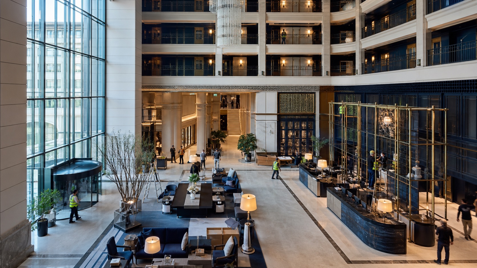 A large hotel atrium with several floors, reception and lounge areas being prepared for guests